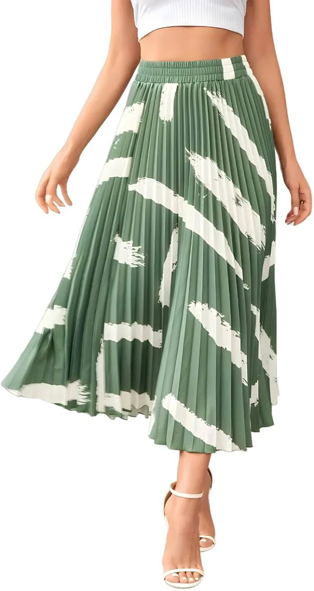 Sage Brushstroke Pleated Maxi Skirt